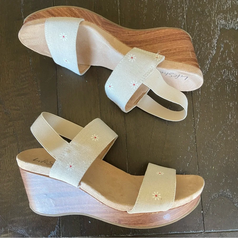LifeStride Delta Slingback Platform Faux Wood Ankle Strap Sandals‎ Size 9.5 Boho